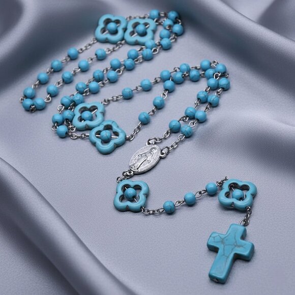 Turquoise Catholic Rosary Cross Religious Praying Fashion Necklace NWOT - Picture 2 of 10